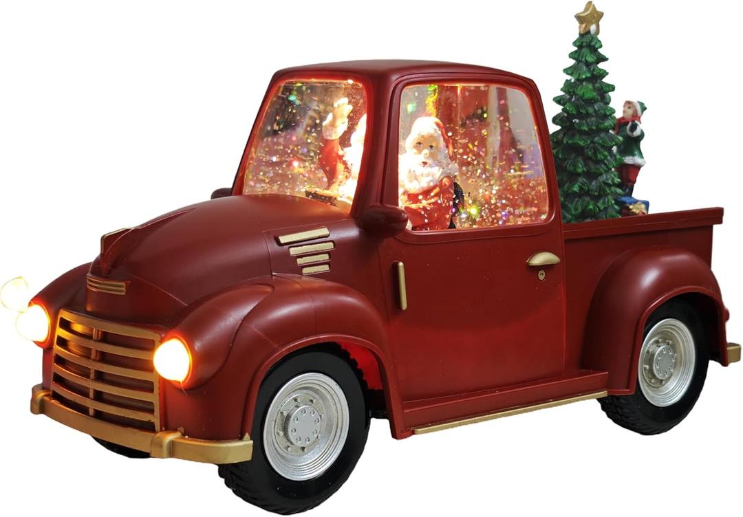 Red Pickup Truck Christmas Snow Globe, Santa Claus and Christmas Trees Home Decoration