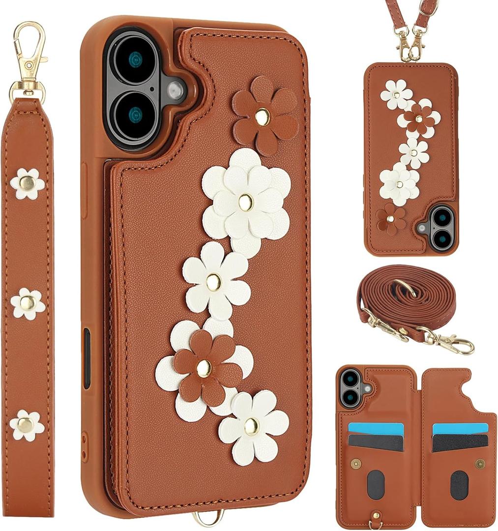for iPhone 16 Wallet Case, Magnetic Snap Flip Leather Cover with Flower Design Credit Card Holder Stand WristbandiPhone 16 Protective Phone Case for Women
