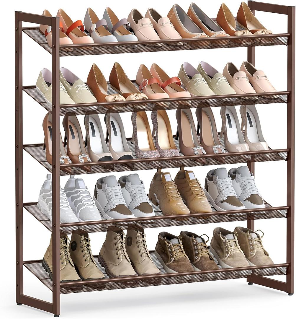 SONGMICS Metal Shoe Rack, 5-Tier Shoe Organizer, Holds 20-25 Pairs Stackable Shoe Storage Shelf for Garage, Adjustable Flat or Angled Shelves, Black