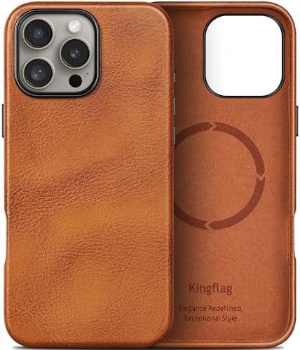 kingflag Genuine Leather Case for iPhone 16 Pro 6.3 inch, Oil Wax Top-Grain Leather, Compatible with MagSafe, Metal Buttons and Camera Bezel (Tan)