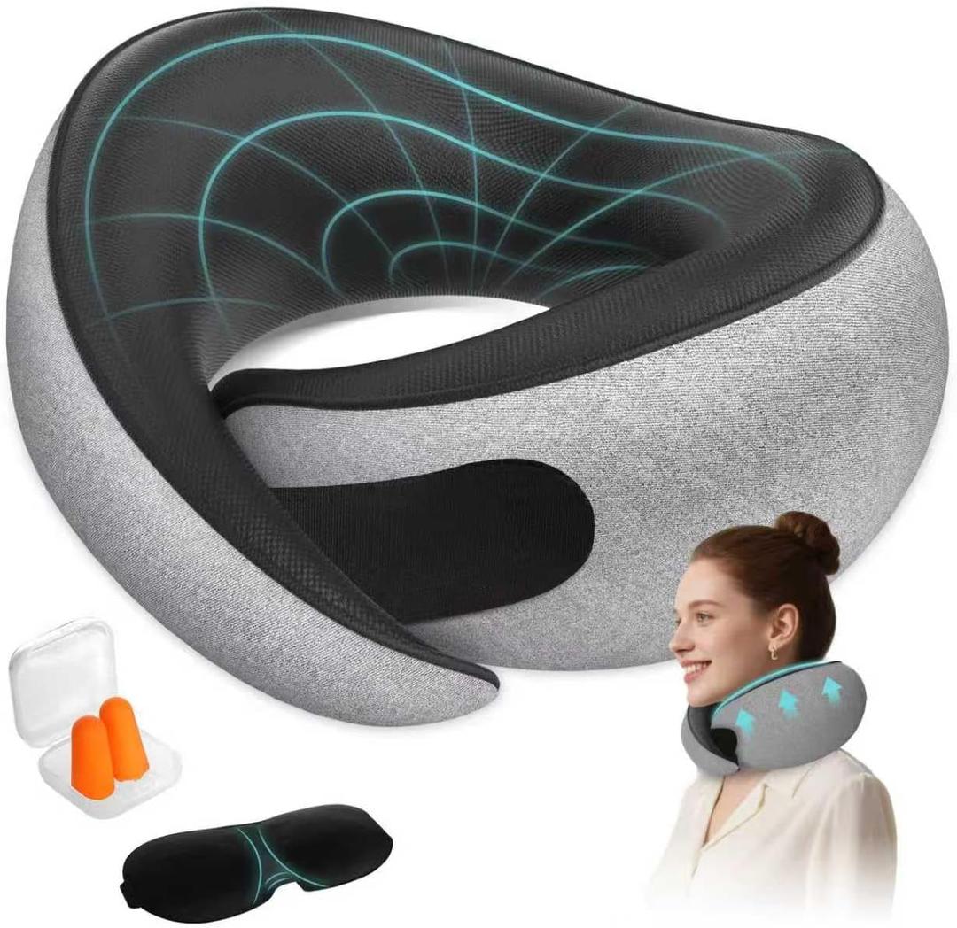 FIOGIKO Travel Neck Pillows for Airplanes - 360 Ergonomic Memory Foam Travel Pillow - Relief Neck Pain with Breathable Support for Long Flights, Car, Train & Office Use - Adults & Kids (Gray)