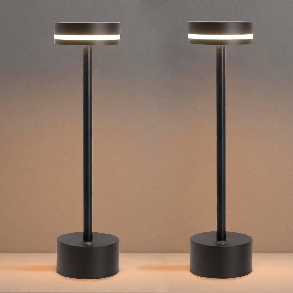2 Pack Aluminum Cordless Table Lamp, 5000mAh Rechargeable Table Lamp, Portable Touch Control LED Table Lamp, 3-Level Brightness Cordless Rechargeable Table Lamps for Home Restaurant Outdoor - Black