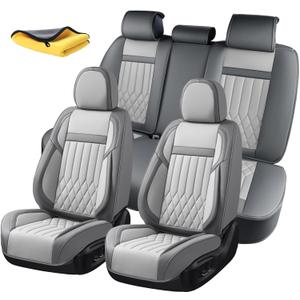 Universal 5-Seater Waterproof Breathable Nappa Leather Car Seat Covers Full Set, Compatible with Toyota Corolla Camry, Lexus LS400, Nissan Rogue, Fit Front Rear Seats Most Sedans SUV- Gray
