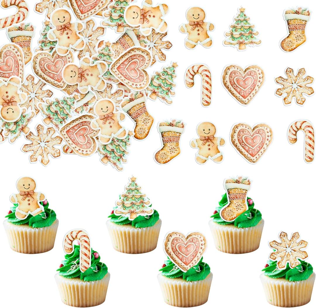 4 x Ephlyn 60Pcs Merry Christmas Cupcake Toppers Edible Rice Paper Round Christmas Gingerbread Man Cake Topper Decorations Women Men Birthday Party Anniversary Decorations Supplies (Brown)