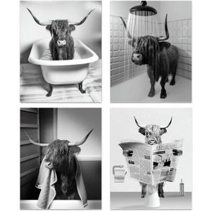 NIIORTY Funny Highland Cow Bathroom Wall Art, Vintage Black and White Rustic Style Canvas Prints for Bathroom Restroom Farmhouse Decor, 4-Set (8"x10" Unframed)