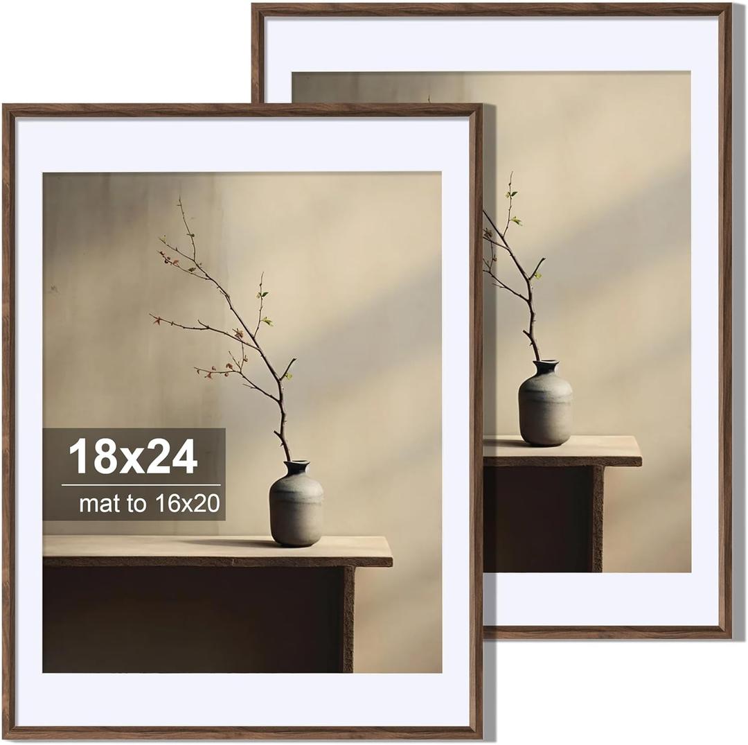 Axeman 18x24 Picture Frame Set of 2, Display 16x20 Pictures with Mat or 18x24 without Mat, Thin Border Wall Gallery Photo Frames for Wall and Tabletop Display, Walnut (18x24-2P)