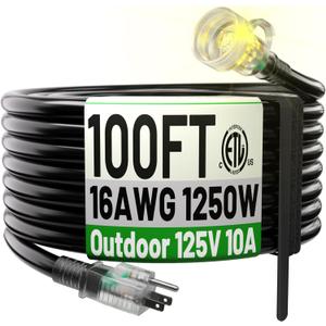 POWGRN 100FT 16/3 Black Outdoor Extension Cord Waterproof, 3 Prong Flexible Cold Weatherproof Extension Cord, 10 AMP 1250W SJTW, ETL Listed