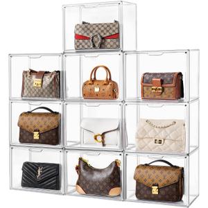 HBlife 10 Pack Purse Storage Organizer for Closet, Large Clear Stackable Handbag Display Case Box with Magnetic Door for Collectibles, Cosmetics, Women Heels and Toys