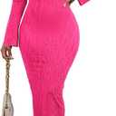 Women's Casual Dress Crew Neck Elegant Fall Winter Long Sleeve Midi Bodycon Pencil Cocktail Wedding Dresses 094 (Medium, Rose)