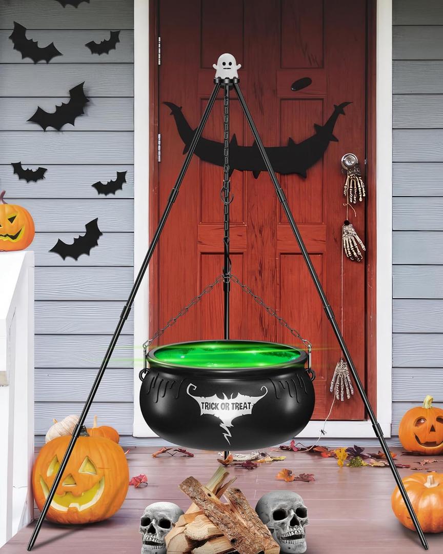 DJROLL Halloween Decorations Outdoor, Witches Cauldron on Tripod with String Lights, Black Plastic Cauldron Halloween Decor for Yard Patio Porch Outside