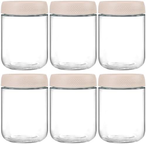 NETANY 6-pack 16oz Glass jars with Airtight Lids, Overnight Oats Containers with Lids, Wide mouth Mason Salad jars, Glass Food Storage Containers for Snacks Yogurt Spice Sugar-Beige