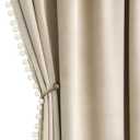 MIULEE Beige Pom Pom Velvet Curtains for Bedroom/Living Room Cream Darkening Thermal Insulating 63 Inches Long Blackout Curtains with Rod Pocket for Girls Room/Nursery/Home Theater Set of 2