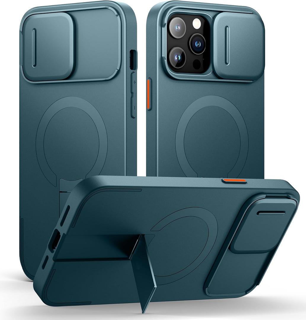 SURITCH for iPhone 13 Pro Max/12 Pro Max Case with Magnetic Camera Slide Cover and Adjustable Kickstand, Compatible with MagSafe, Shockproof Bumper Case Slim Protective Cover 6.7 Inch, Lake Green