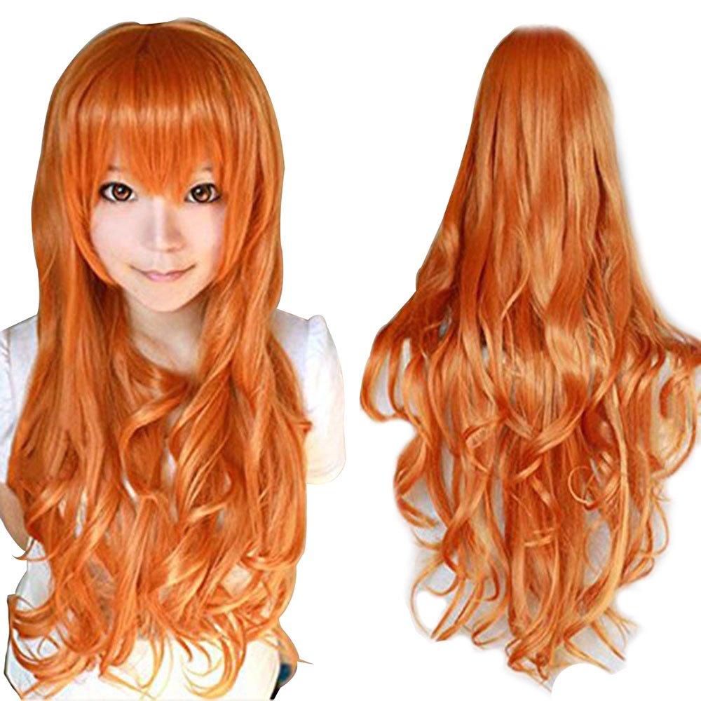 ANOGOL Hair Cap + 32 in/80 cm Orange Long Wavy Cosplay Wig for Women Orange Cosplay Wig with Bangs for Costume Halloween Party Long Ginger Wavy Wigs with Bangs