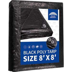 RAINDEWAY Black Tarp 8x8 Feet, UV Resistant, 8 Mil Multipurpose Medium Duty Waterproof Poly Tarp Cover with Metal Grommets and Reinforced Edges
