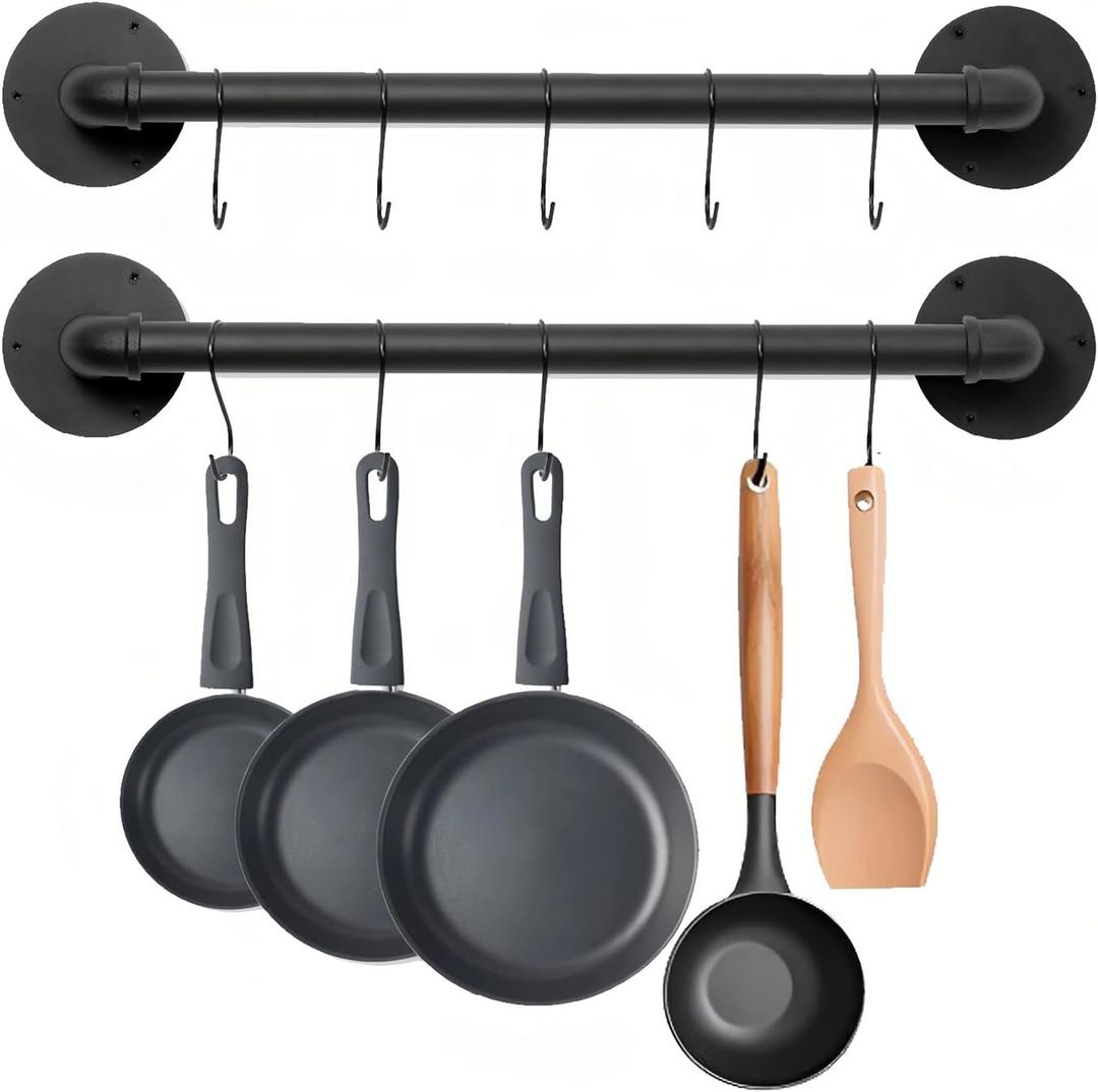 16 inch Pot Rack Wall Mounted Set of 2, Pan Hangers for Kitchen, Iron Detachable Storage Organizer, Industrial Pipe Lids Holder Utensils Hanging Rail with 8 S Hooks Black