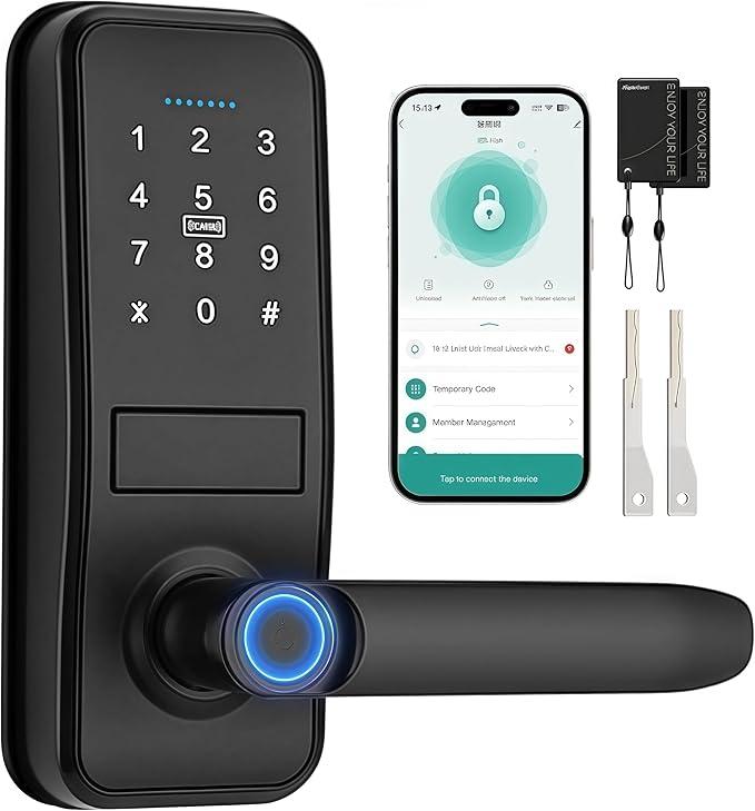Keypad Smart Door Lock with Handle, QWUE Keyless Entry Smart Lock for Front Door, 5in1 Smart Unlock Solution, APP Control, AntiPeep Keypad Code, Easy Installation and Waterproof Design