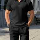 Csqopt Men's Polo Shirt and Shorts Set Summer Outfits Fashion Casual Short Sleeve Polo Suit for Men 2 Piece Shorts Tracksuit Black XL