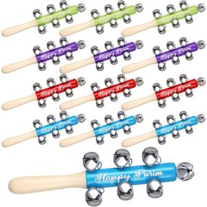 Lenwen 12 Pcs Happy Purim Wood Gragger with Bells Colorful Purim Noise Maker Toys Musical Instruments Gifts for Party Celebration Fun Decorations Holiday Favors Goodie Bag Fillers