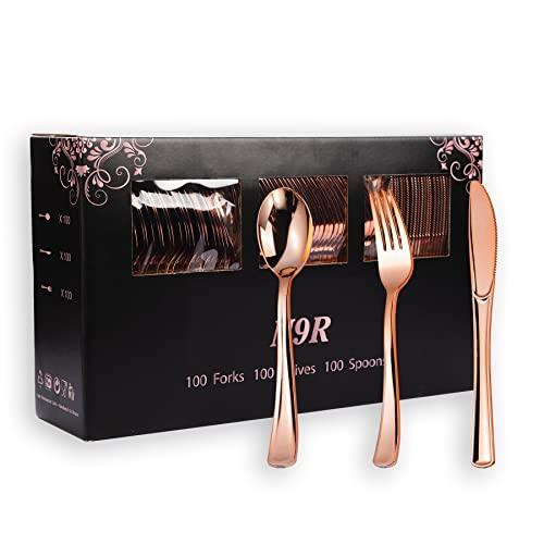 Rose Gold Plastic Silverware, Heavy Duty Plastic Cutlery Set, Disposable Rose Gold Utensils Include 100 Forks, 100 Spoons, 100 Knives, Perfect for Party Decorations