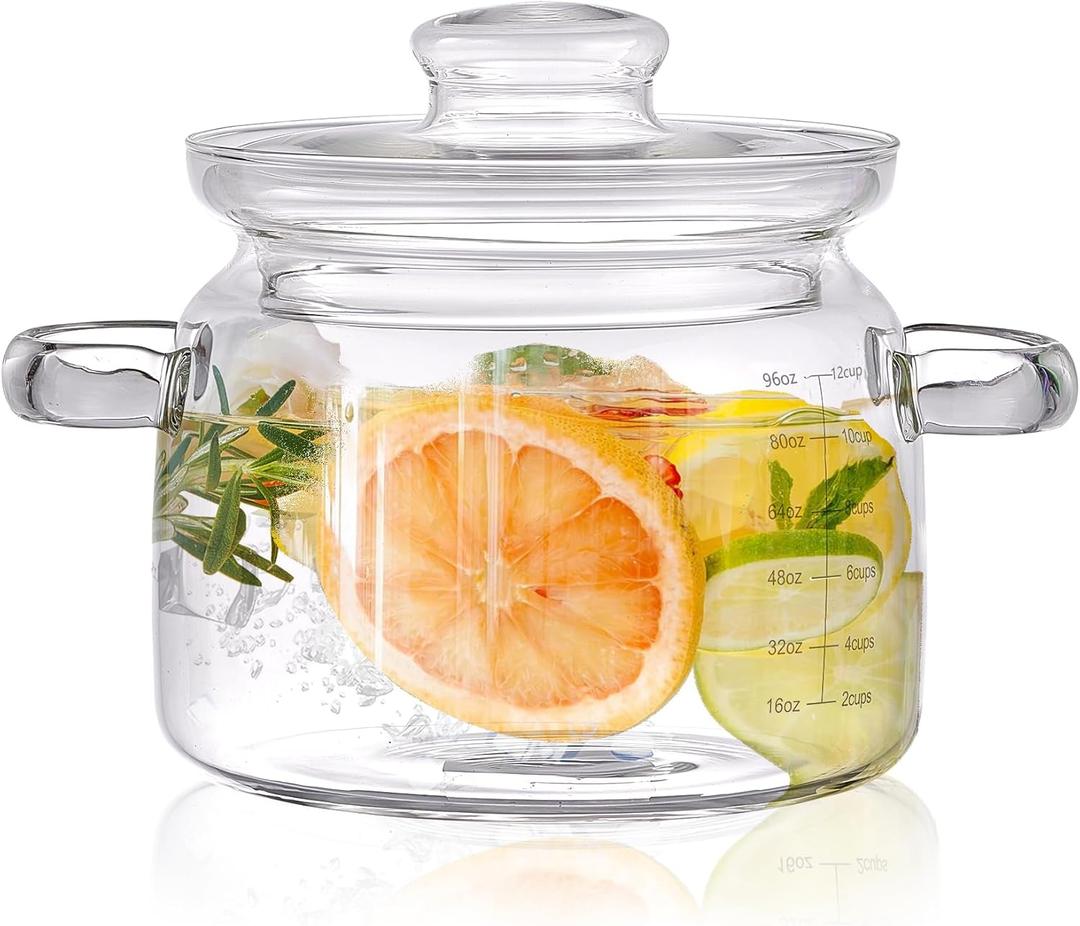 Large 96oz (3 Quart) Borosilicate Glass Saucepan with Lid,Clear Glass Simmer Pot for Stovetop Cooking, Microwave & Dishwasher Safe, Multipurpose Potpourri Pot, Serving Dish for Kitchen Use