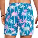 Gleeease Mens Swim Trunks with Compression Liner Mens Bathing Suit 7 Inch Inseam Zipper Pocket Quick Dry Stretch Palm Tree (Blue, M)