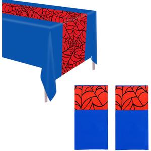SAVITA 2pcs Spider Tablecloths, 54x108 Inch Blue and Red Spider Web Table Covers Plastic Rectangle Table Cloth for Kids Cartoon Theme Birthday Party Decorations Supplies