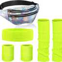 SATINIOR 80s Women Workout Outfit Neon Leg Warmer Headband Wristbands Fanny Pack Set 80s Accessories for Yoga Running (Silve, Yellow)