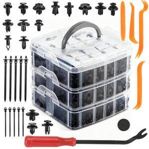 620PCS Auto Retainer Clips Kit with Trim Removal Tools and 3-Layer Organizer Box, 16 Sizes Black Push Type Rivets Fasteners for Car Bumper, Fender, Door Panel and Interior Repair