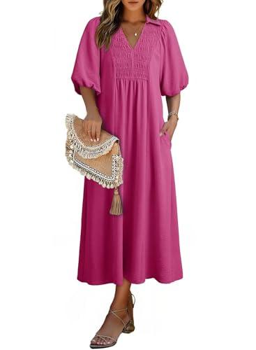 Dokotoo Spring Dresses for Women 2026 V Neck Puff Sleeve Empire Waist Casual A Line Swing Maxi Dress Red Dress X-Large