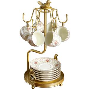 Coffee Mug Tree, Coffee Cup Holder for Countertop with 6 Hooks, Tea Cup Holder with Small Storage Area Metal Mug Rack Display for Counter Top Kitchen Organizer,Gold