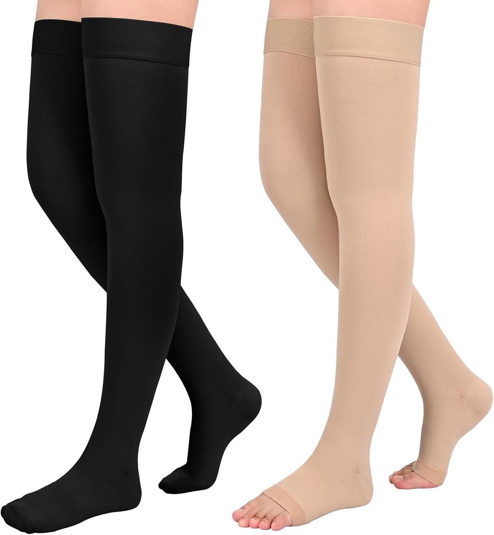 2Pairs Ktinnead 20-30mmHg Thigh High Compression Stockings for Women, Thigh High Compression Socks, Medical Compression Stockings for Pregnant, Teacher, Doctor, Varicose Veins, Swelling, lymphedema (XXL, Open toe-Beige+Close Toe-Black)