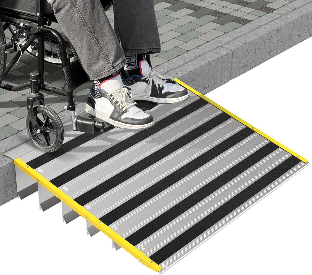 6" Rise Door Threshold Ramps for Doorways, Stable Yellow Edge, Aluminum Wheelchair Ramp for Home Steps, Adjustable Modular Entry Ramp for Scooters, Power Chairs, 880LBS Load Capacity