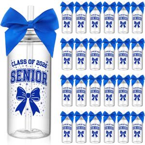 Yungyan 24 Set 2026 Graduation Plastic Cups with Lid and Straws 13.5 oz Class of 2026 Senior Tumblers Blue Bow Hair Ties Graduation Gifts for Class of 2026 Party Favors Decoration
