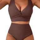 Herseas Women's Sexy 2 Piece Bikini Sets Textured 2026 Twist Front V Neck Swim Suit High Waisted Bikini Bottom Tummy Control Bathing Suits Slimming Resort Wear Dark Brown, X-Large