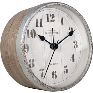 Presentime & Co 4" Farmhouse Tabletop Alarm Mantel Clock, Desk and Shelf Clock, Silent no Ticking, Light Grey Oak and Rusted Galvanized Finish, Tabletop Decor, Home Decor, Farmhouse Decor