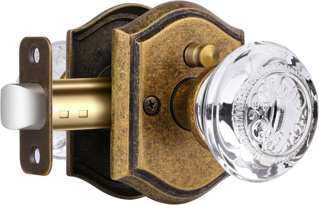Glass Door Knobs Interior with Lock, Antique Brass Door Knobs Vintage Crystal Privacy for Bedroom Bathroom, 1 Pack