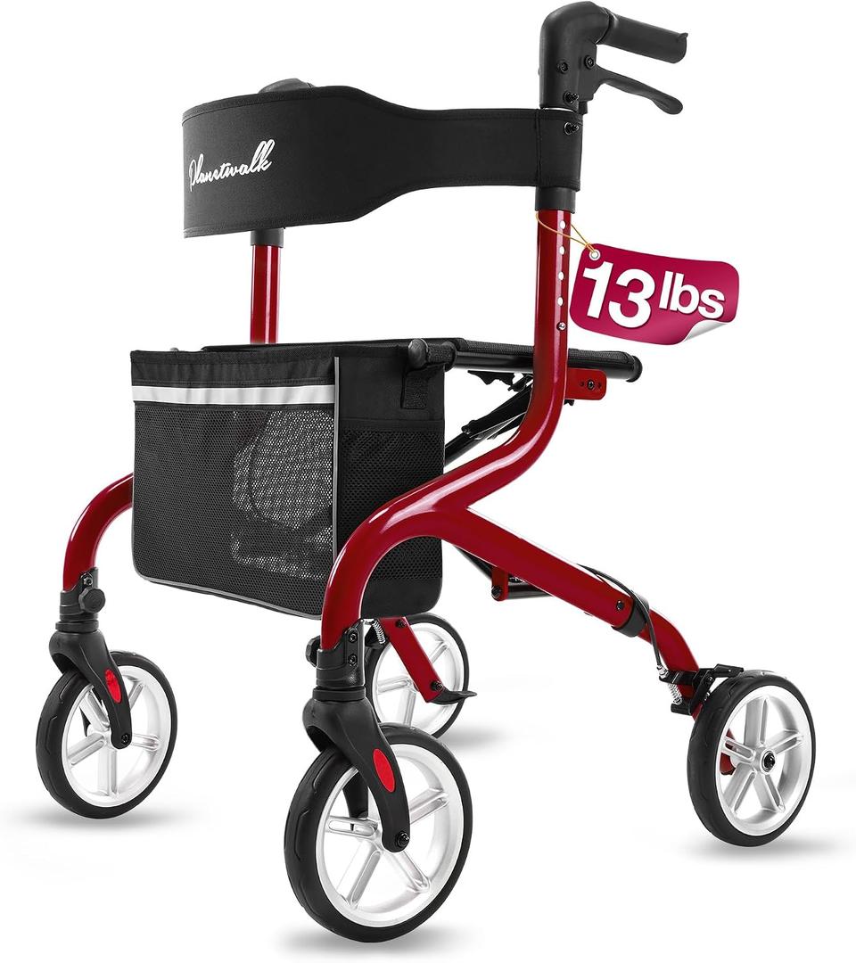 PLANET WALK Super Lightweight Rollator Walker for Seniors, Foldable Rolling Walker with Seat and 8" Rubber Wheels for All Terrain, Unique Design Aluminium Frame Sturdy Walkers for Traveling - Red