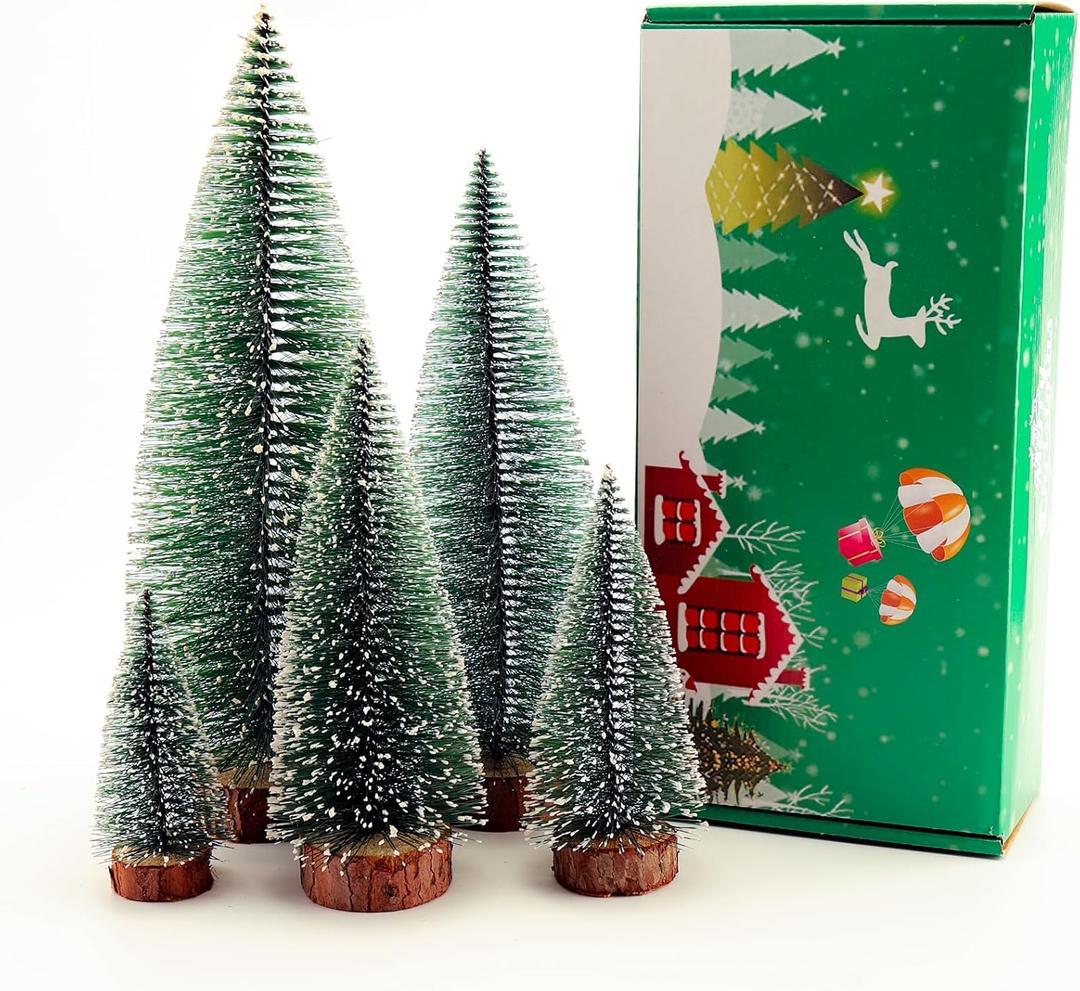 Bottle Brush Christmas Trees, Christmas Decorations,5Sizes mini Christmas Trees Artificial Tabletop Christmas Tree with Snow and Wooden Base for Village Holiday Party