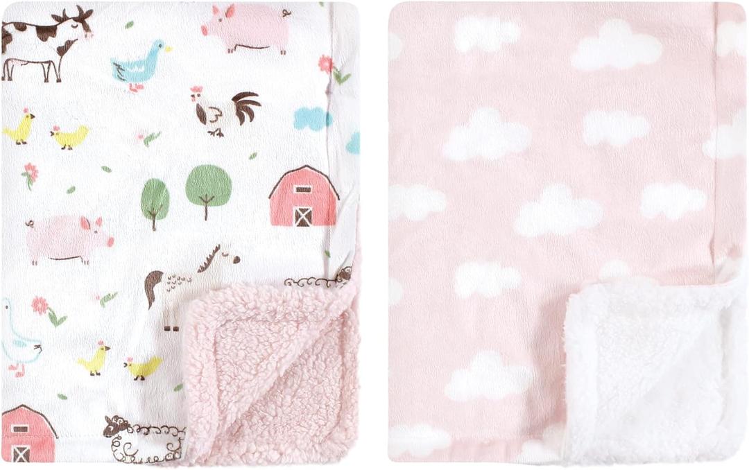 Hudson Baby Unisex Baby Plush Mink and Sherpa Blanket, Girl Farm Animals, One Size