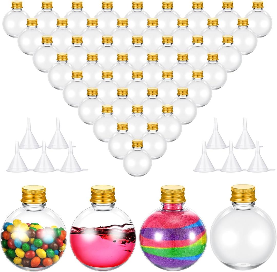 48 Pcs Plastic Potion Bottles with Caps 3.4 oz Round Sand Art Bottles Spherical Clear Plastic Containers Cocktail Ornament Balls for Halloween Christmas Party Favor (Gold, Aluminum Cap)