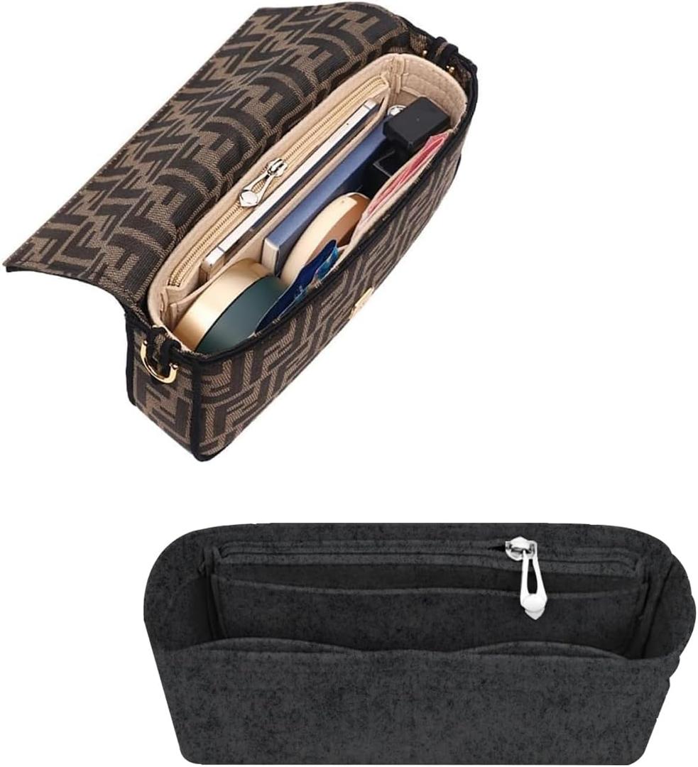 Chispee Softened Felt Purse Organizer Insert for Tote, Baguette, Longchamp Handbags Lightweight Bag Organizer with Zipper & Multiple Pockets (Mini,Dark grey)