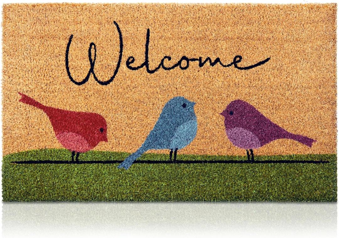 Colorful Birds - 17"x29" - Coir Door Mat with Heavy Duty Backing - Welcome Mats for Entryway, Porch - Anti-Slip PVC & Coconut Fiber Surface - Natural Home Accessories, Minimalist Original Design