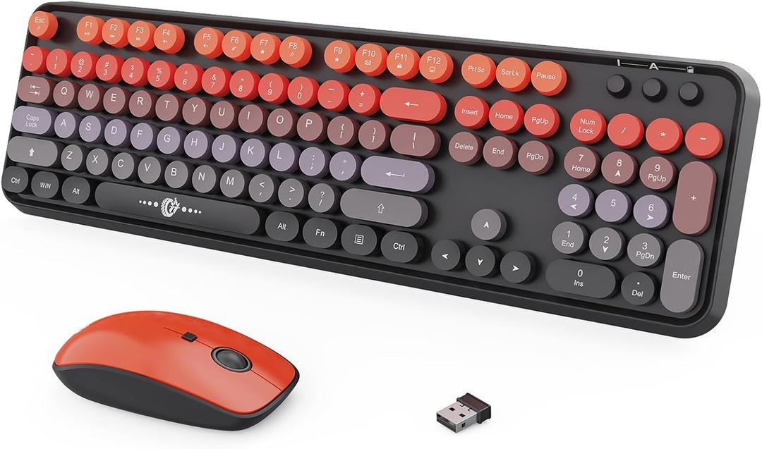 Wireless Keyboard and Mouse Combo, 104 Round Keys Cute Colorful Keyboard and Mouse with Retro Typewriter for PC Mac Laptop Tablet Computer Windows, Black/Red