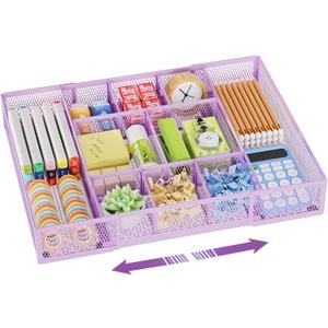 Marbrasse Expandable Desk Drawer Organizer, Mesh Drawer Organizer Tray with 10 Adjustable Compartments, Desk Organizers and Accessories for Office Supplies, Makeup & Vanity (Expandable-Purple)