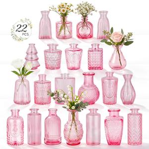RUCKAE 22 Pack Pink Small Vases Glass Mini Bud Vase in Bulk Vintage Pink Flower Vases for Wedding,Centerpieces Home Decor and Party