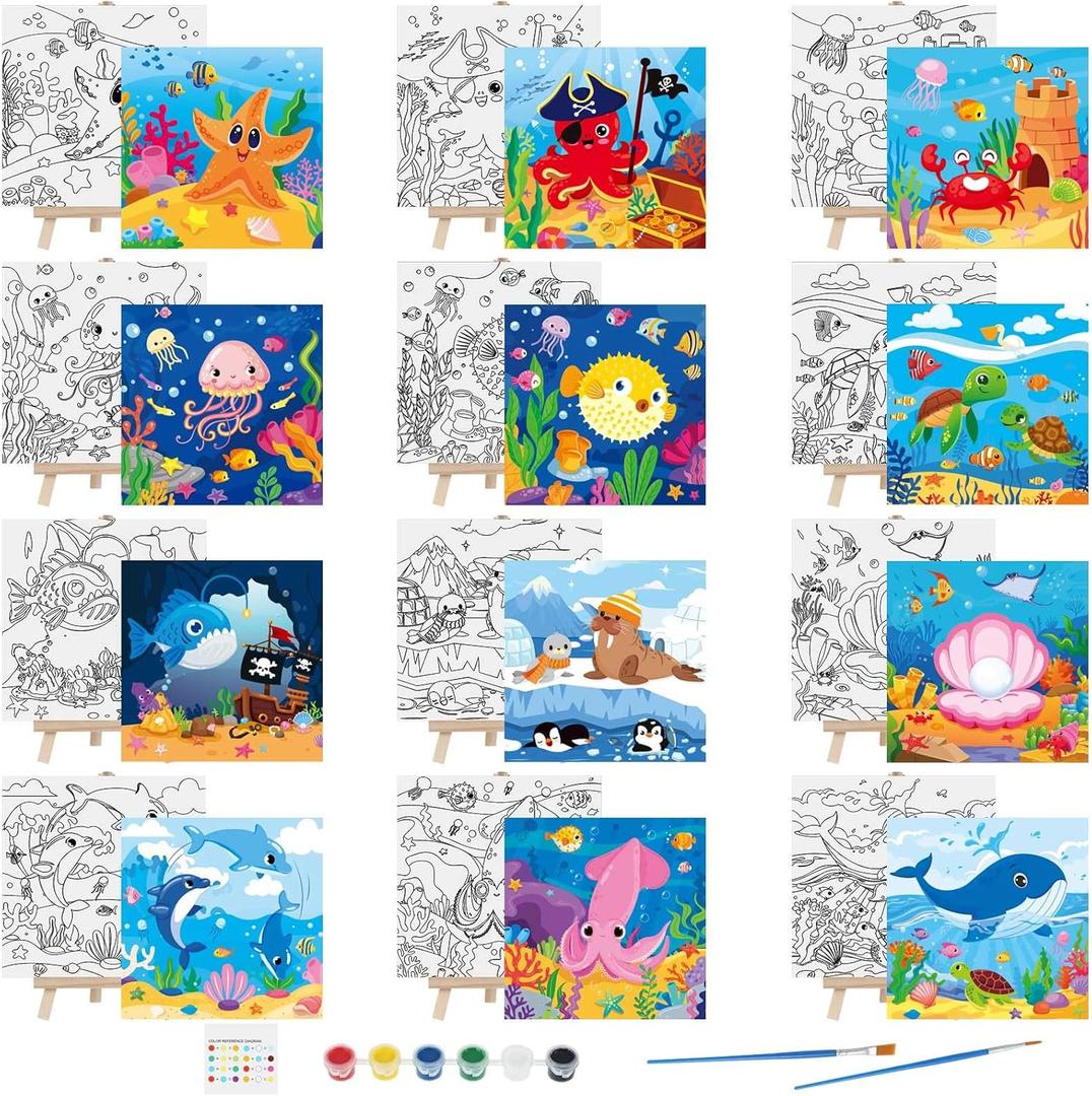 Tenceur 12 Sets Pre Drawn Canvas to Paint Kid Adult Stretched Coloring Painting Canvas Panels with Design Easel and Brushes for Party Supplies Beginner Favor(Sea Animal)