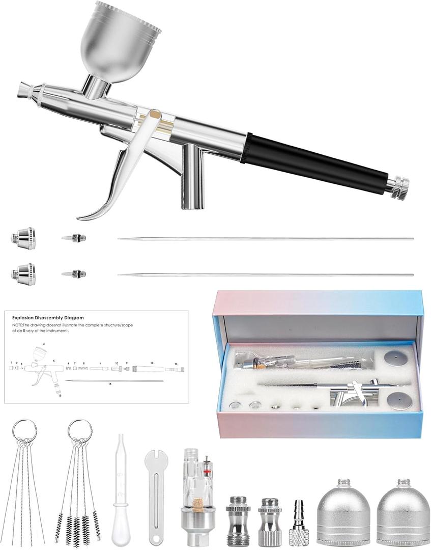 Airbrush Kit, Airbrush Gun Dual-Action Gravity with 0.2, 0.4 & 0.5mm Needle/Cleaning Sets, Air Brush with 2 1/3 oz Fluid Cup for Painting, Modeling, Cake Decor, Pastry, Makeup, Nail Art etc.