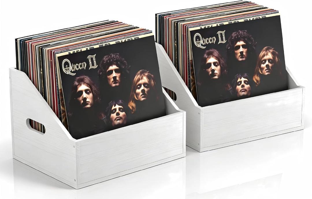 2 Pack Wood Vinyl Record Storage, Retro & Durable Vinyl Crate and Record Holder, Album Storage Record Case Box for 60+ Records, Perfect Record Organizer for Home Decor and Collection Display(White)