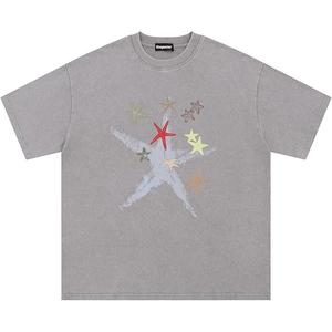Evepaster Oversize Star Print Tees Vintage Washed Graphic T Shirts Short Sleeve Y2K 90S Summer Unisex Streetwear Tops Grey, Medium